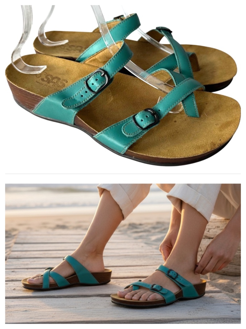 SAS Shelly Sandals Slides Womens Sz 10 M Teal Turquoise Leather Toe Loop Comfort